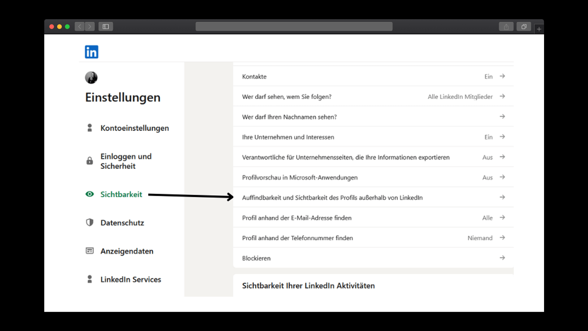 Sichtbarkeit deines Linkedin Profils für Suchmaschinen - Einstellungen